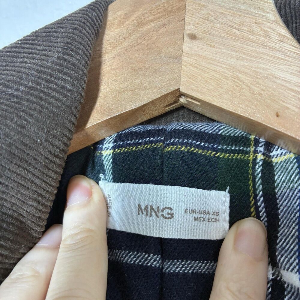 Mango Waxed Effect Barn Jacket Womens XS Green Corduroy Collar Plaid Lined - Picture 15 of 16